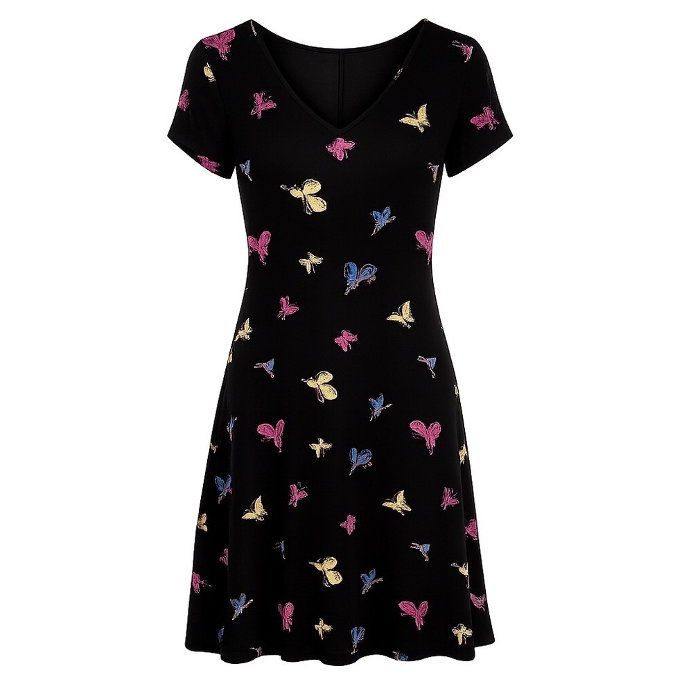 Espressa USA Vintage 90s Butterfly Print Mini Dress Black V-Neck Short Sleeve S
